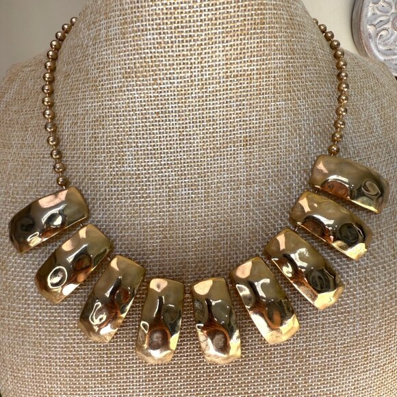 Vintage Monet Gold Tone Statement Necklace With Chunky Hammered Pendant Design - Picture 2 of 9